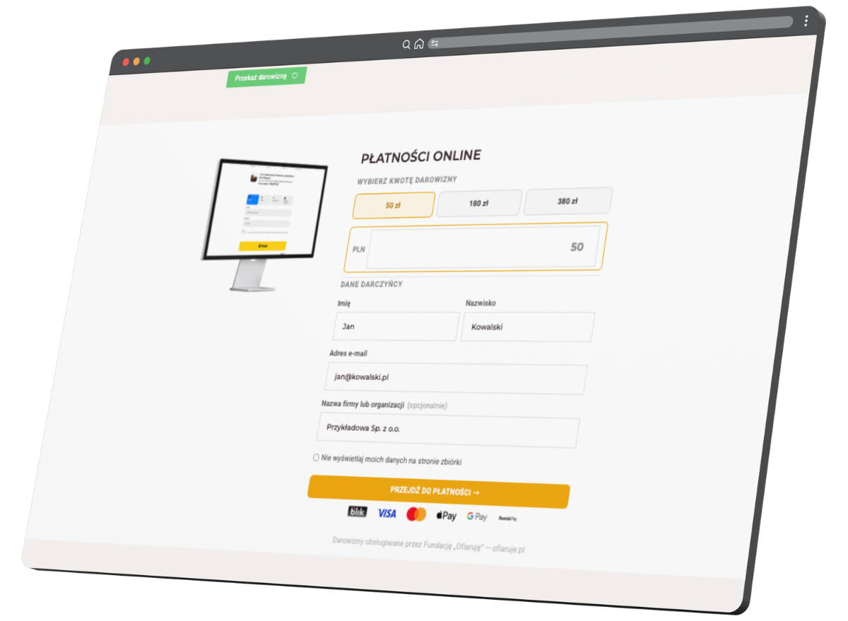 Podgląd formularza darowizny wtyczki Ofiaruje osadzonego na stronie WordPress