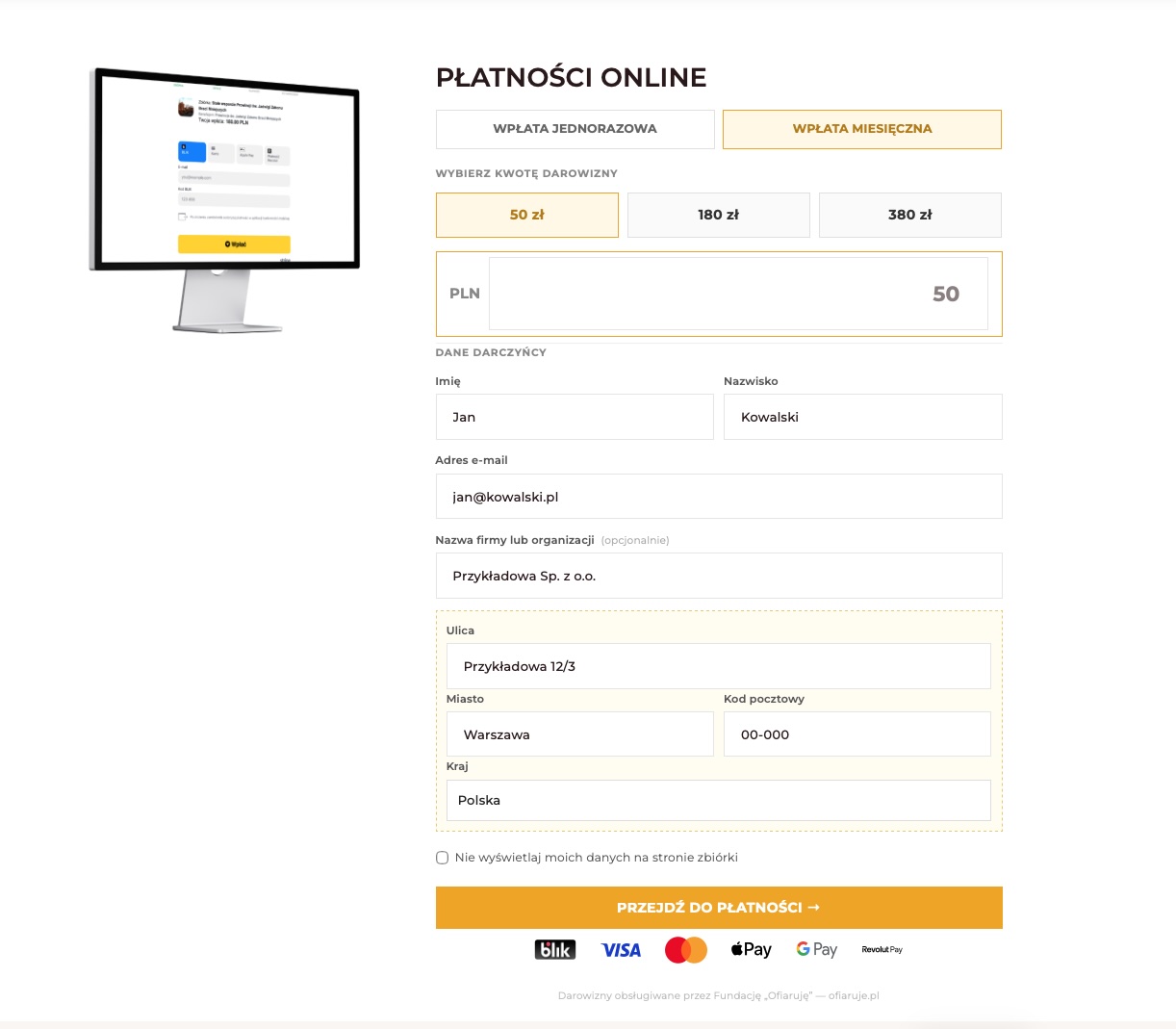 Widok formularza darowizny Ofiaruje na stronie WordPress